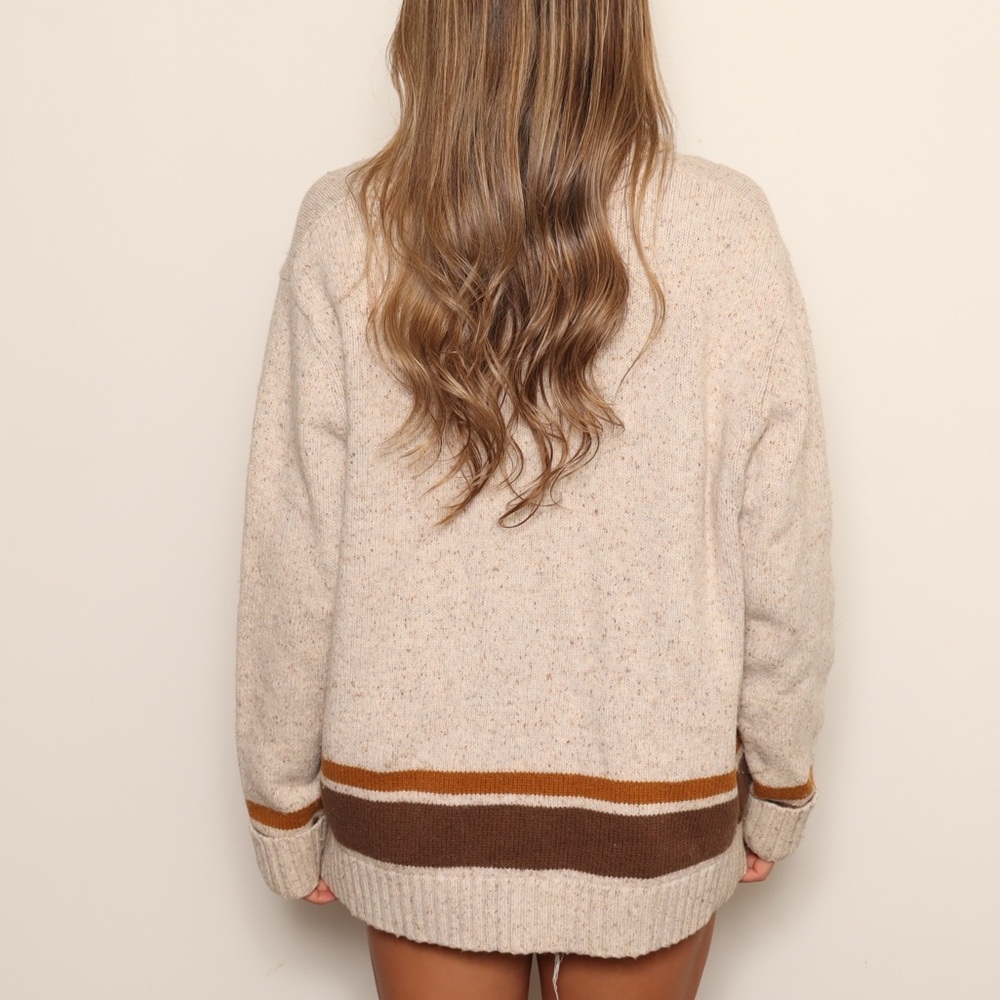 Vintage 70s Style Wool Blend Beige Zip-Up Cardigan with Brown Stripes - Picture 3 of 4